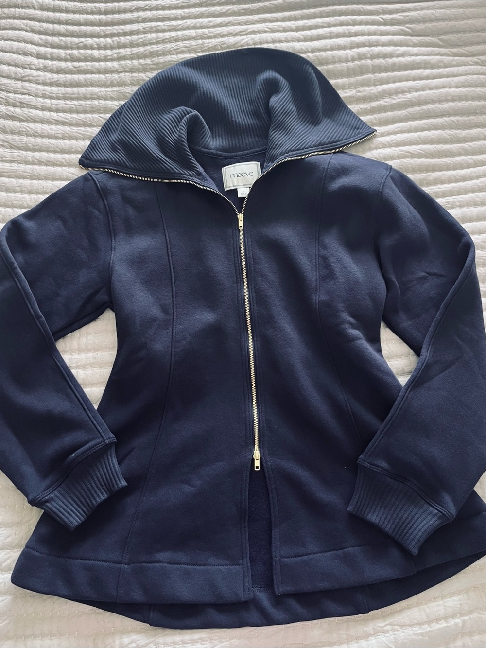 Maeve Navy Zip-Front Bomber Jacket with Funnel Collar by Anthropologie